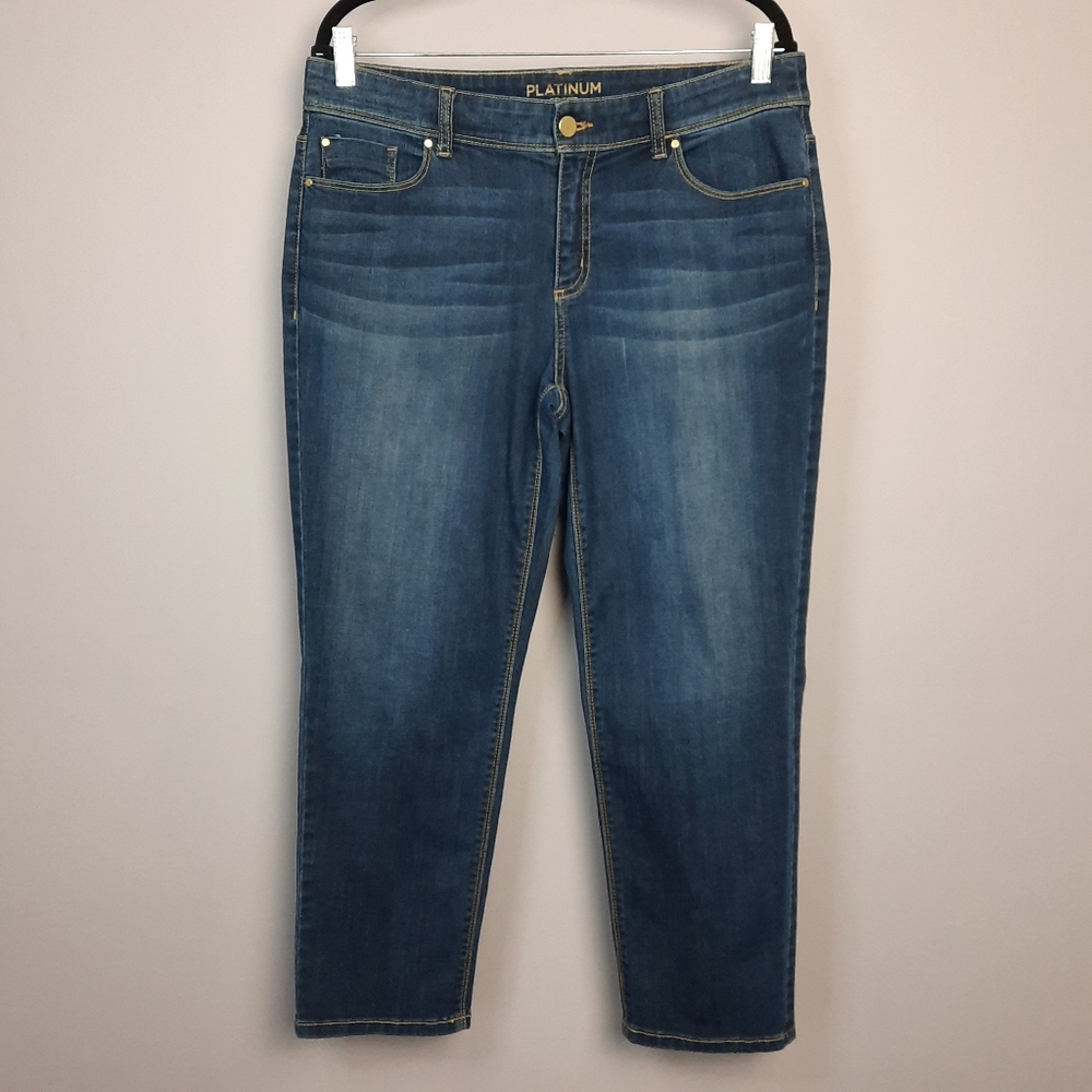 Chico's Platinum Dark Wash Midrise Ankle Length Jeans size 10